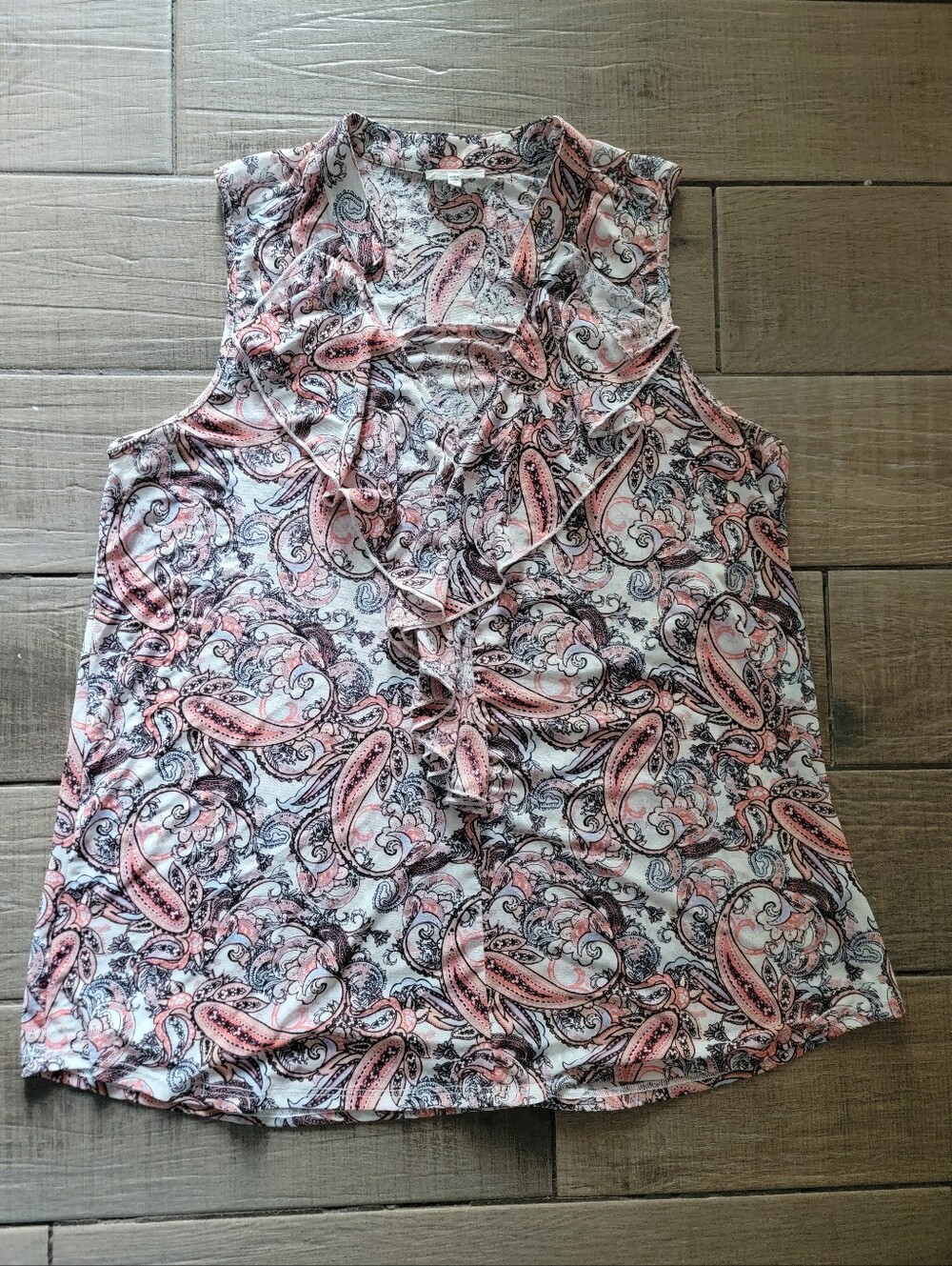 Monteau Sleeveless Paisley Ruffle Front Blouse - Peach/Black